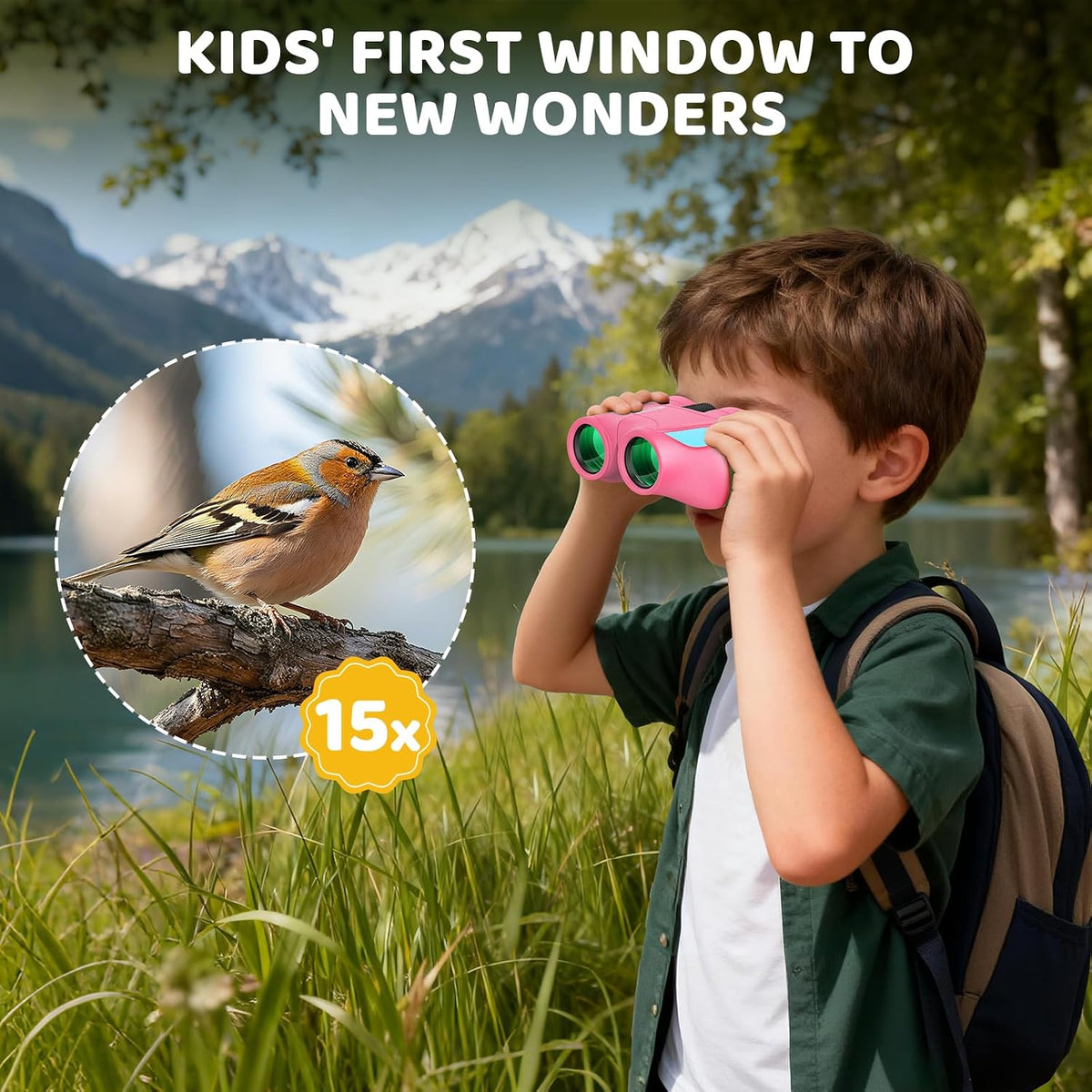 Aurosports 15x25 Compact Binoculars for Kids with Bird Guide Book, Pink