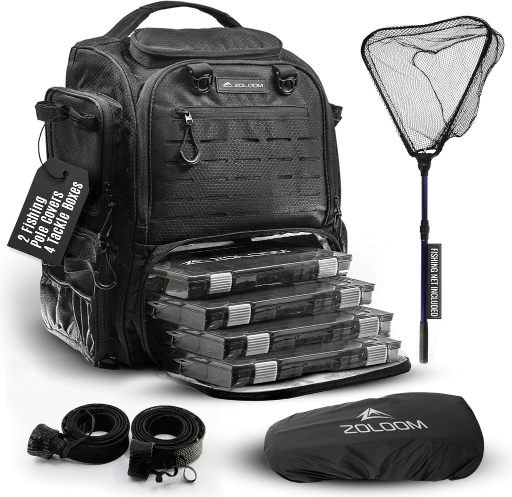 Waterproof Fishing Backpack with Tackle Boxes, Rod Holder & Foldable Net - 40L Fishing Tackle Bag with Trays Included, Extra Storage Gear and Equipment, Rain Cover, Fisherman Gift for Men