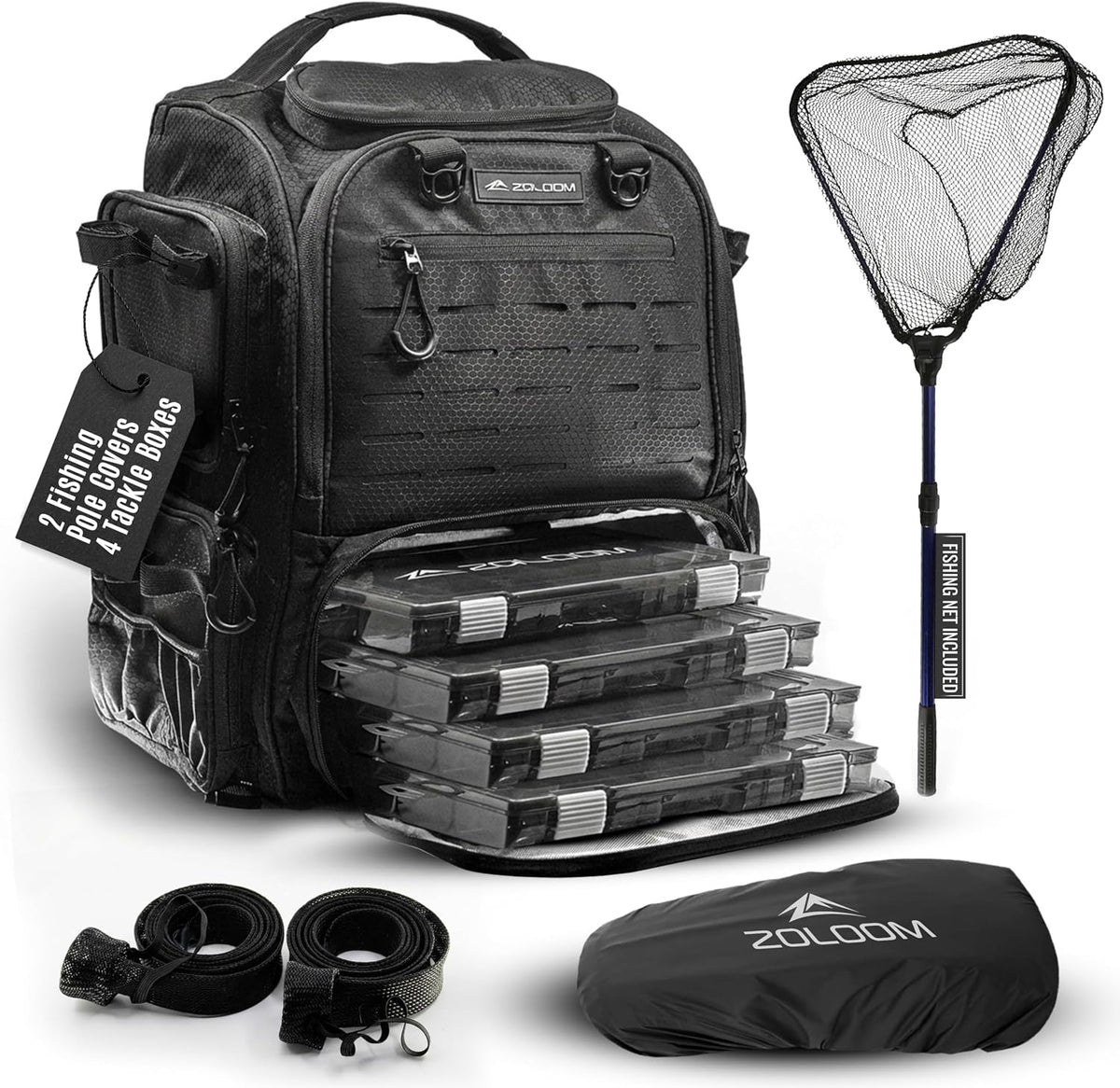 Waterproof Fishing Backpack with Tackle Boxes, Rod Holder & Foldable Net - 40L Fishing Tackle Bag with Trays Included, Extra Storage Gear and Equipment, Rain Cover, Fisherman Gift for Men