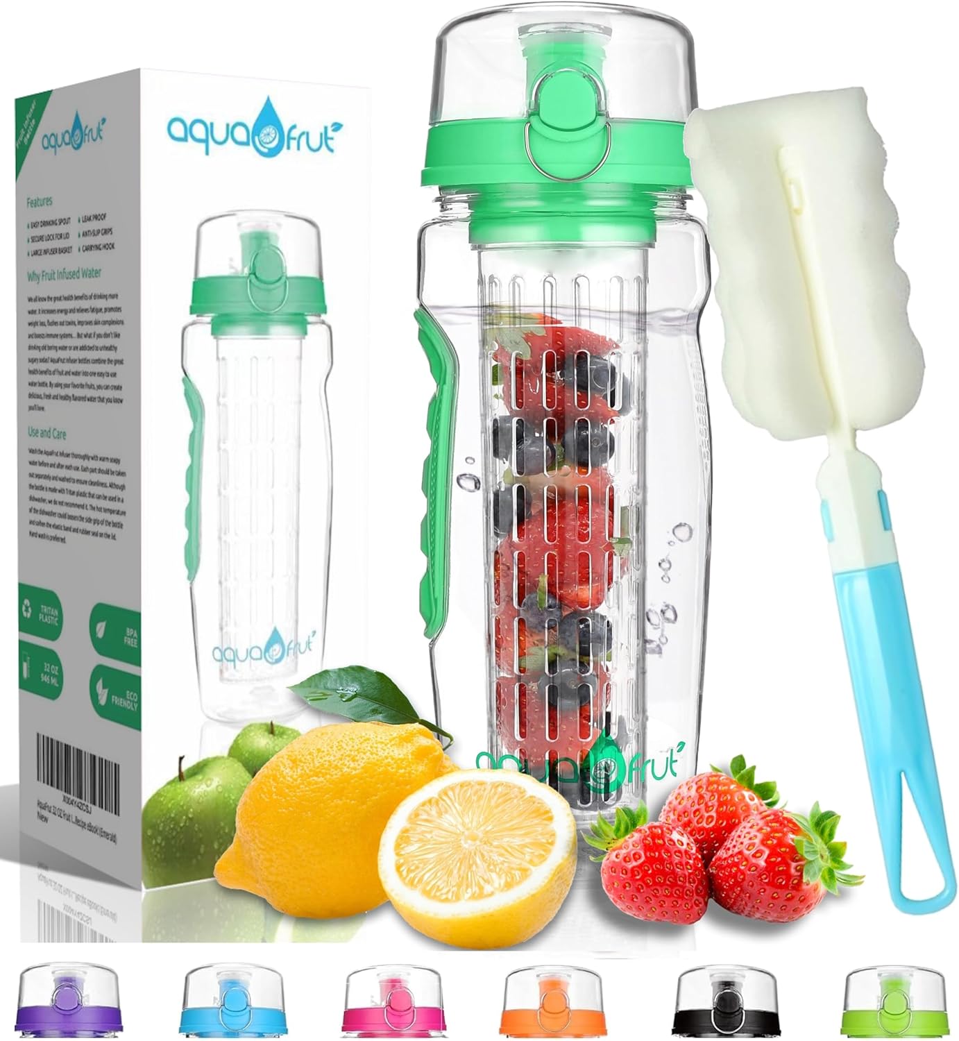 AquaFrut 32 oz Fruit Infuser Water Bottle, BPA-Free Tritan Infusion Bottle