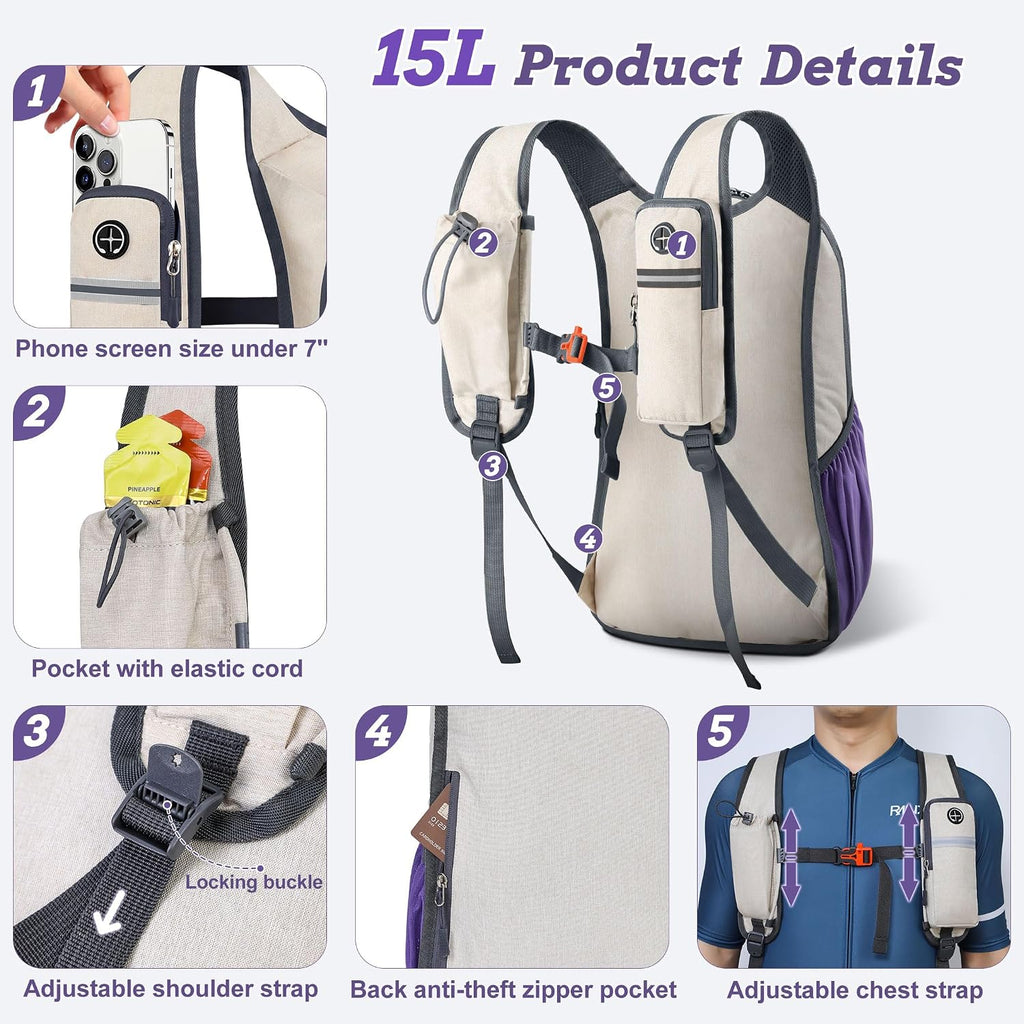 BECOJADDE 15L Small Hiking Backpack for Men Women Foldable Packable Back Pack Ultralight Hiking Daypack for Travel Camping Outdoor, Beige Purple