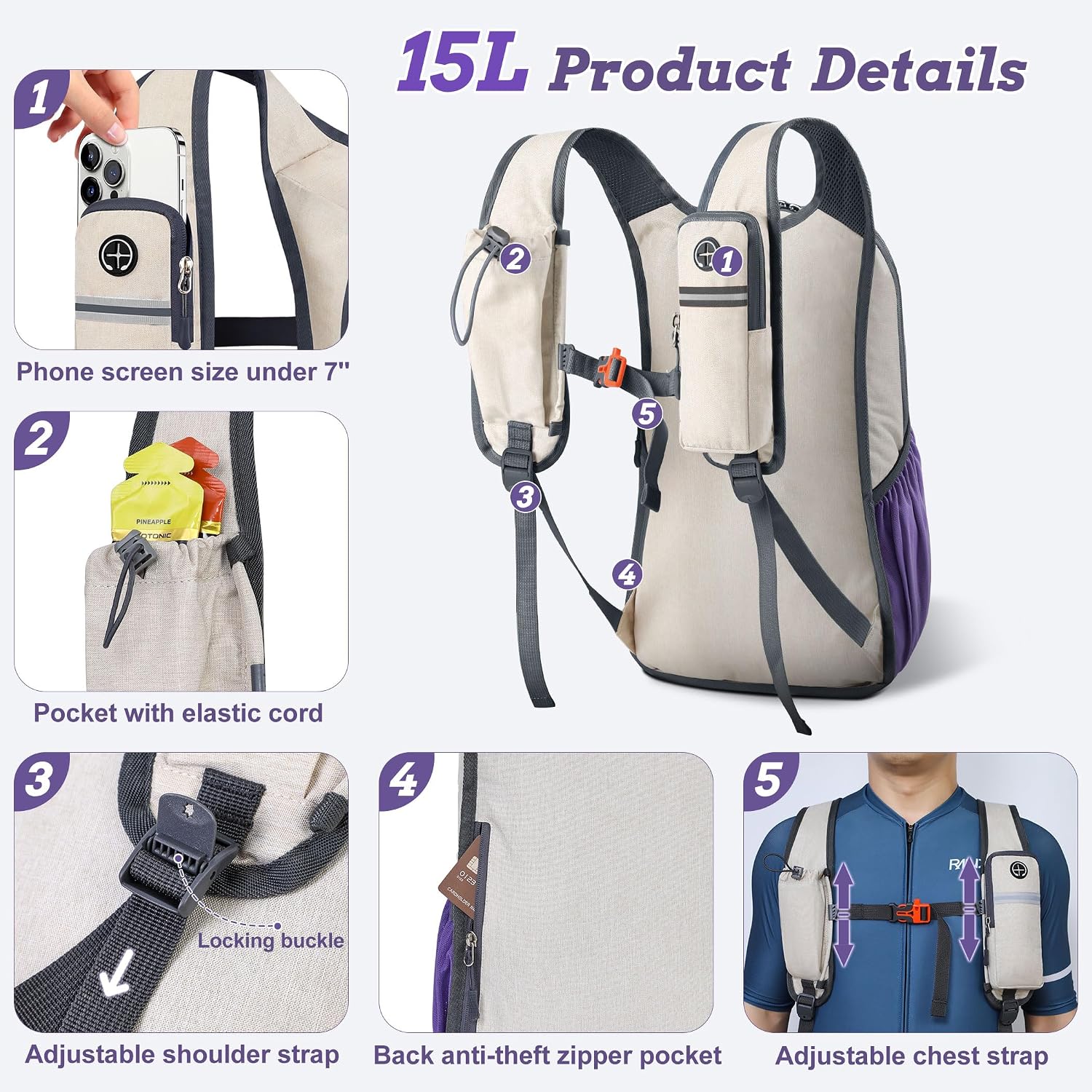 BECOJADDE 15L Small Hiking Backpack for Men Women Foldable Packable Back Pack Ultralight Hiking Daypack for Travel Camping Outdoor, Beige Purple
