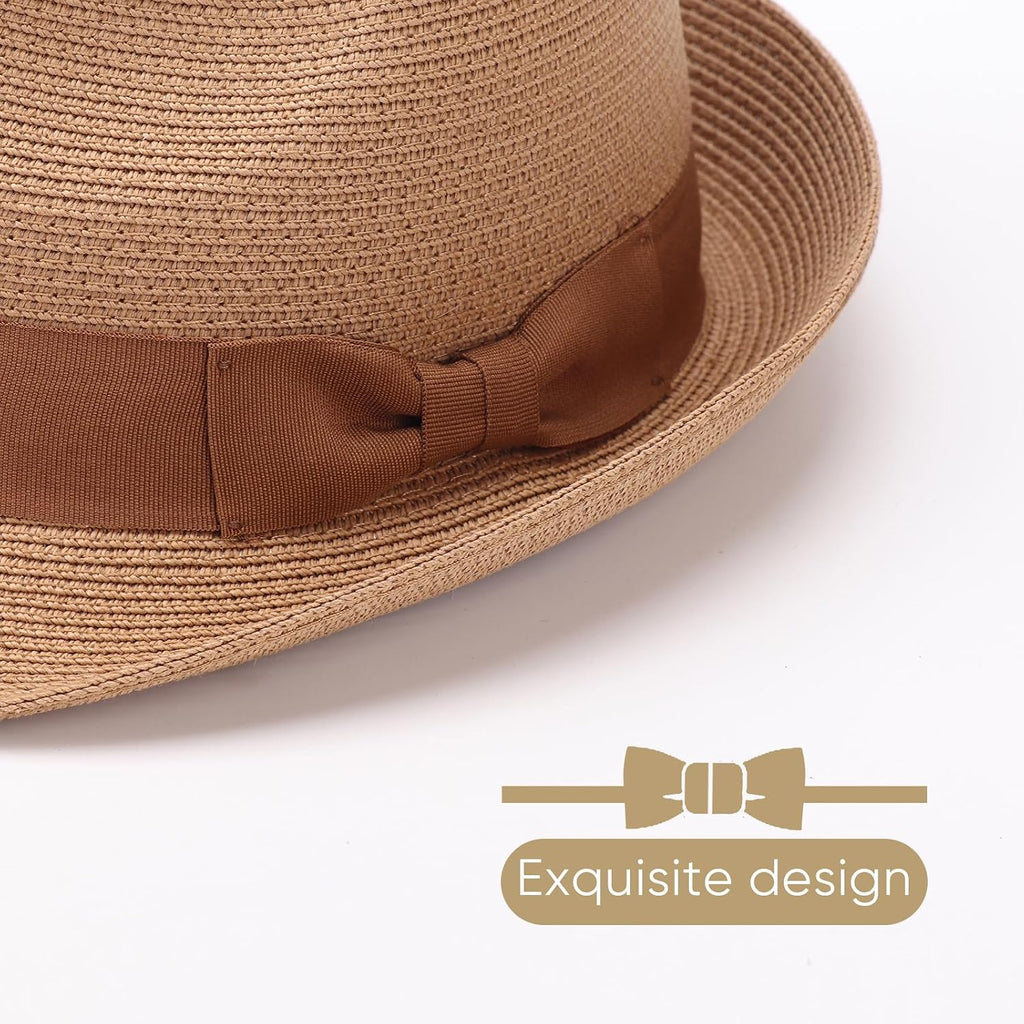 DRESHOW Women Straw Sun Hat Short Brim Panama Travel Fedora Beach Cap Roll up Summer Hat for Women Men UPF 50+