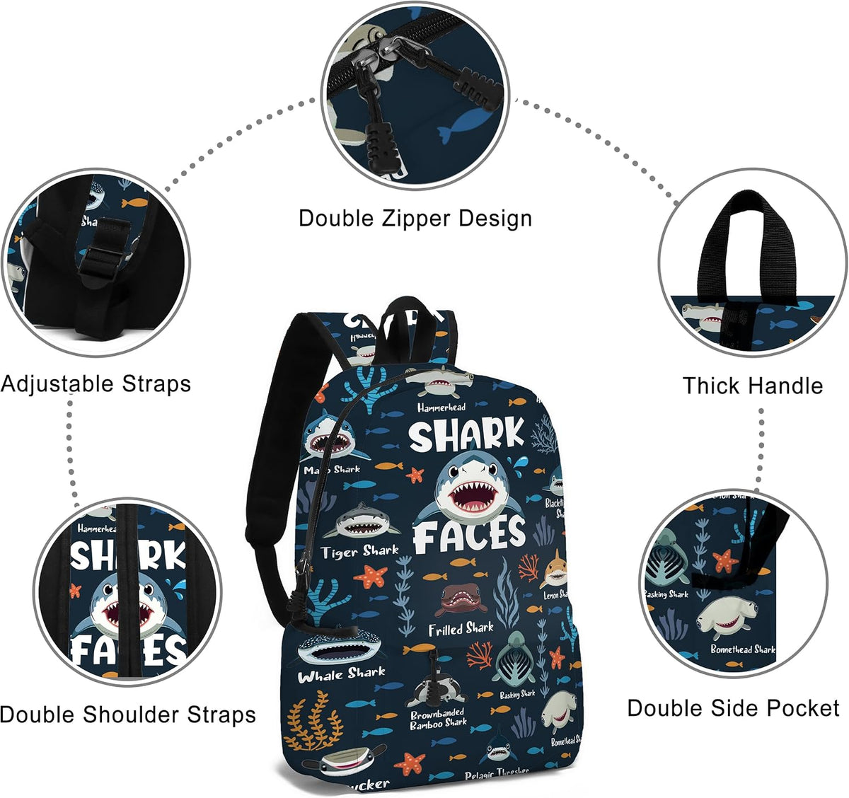 Funny Shark Faces School Backpack for Boys Girls, Shark Backpack for School Kids Bookbag, 17 Inch Ocean Animals Theme Laptop Back Pack for Travel Hiking Camping