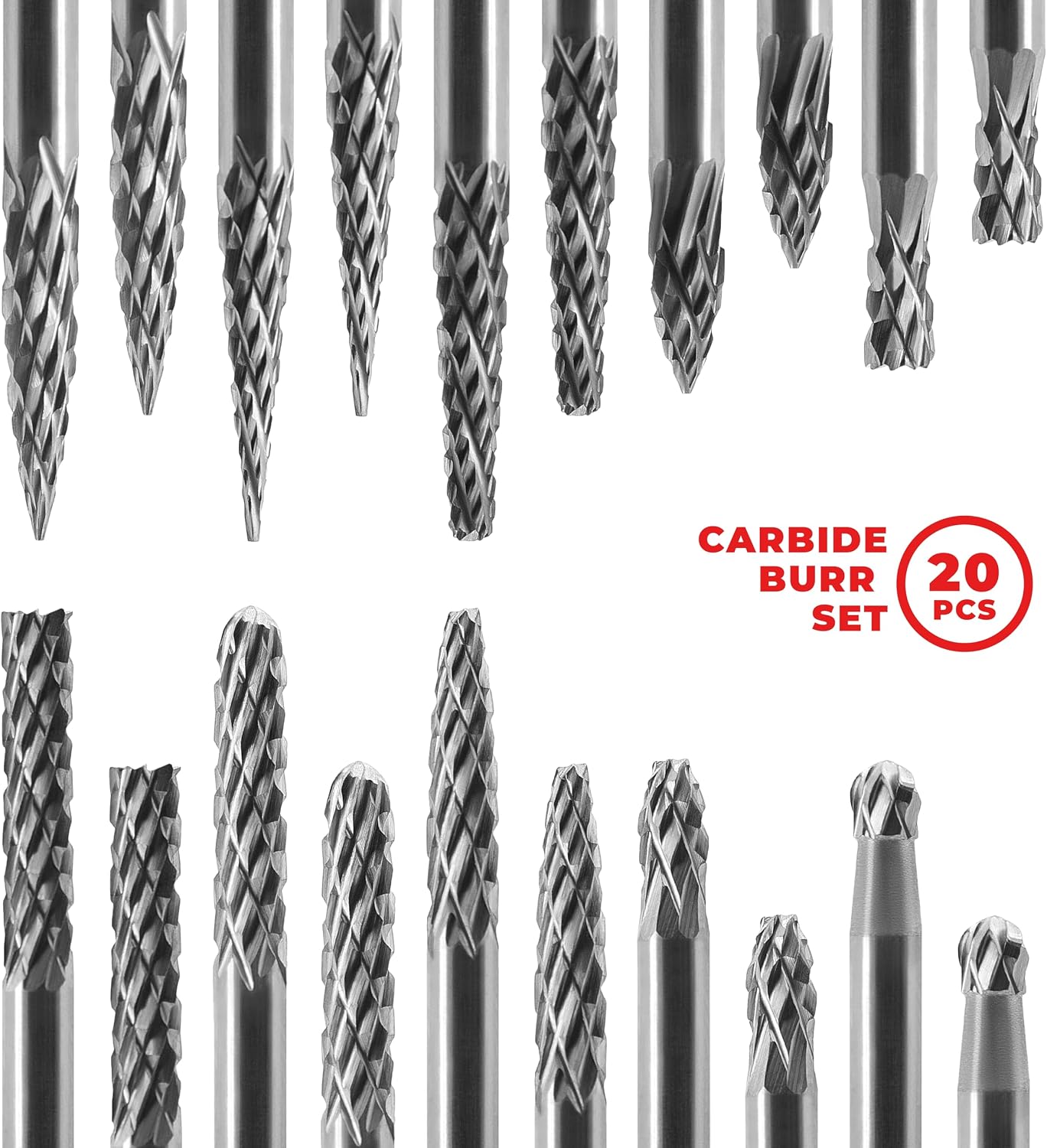 Tungsten Carbide Burr Set 1/8 (3 mm) Shank, Die Grinder Bits, 20 PC Cutting Burr Bits, Carving Bits for Dremel, Double Cut Rotary Burr Set for Metall Carving, Engraving, Drilling, Polishing