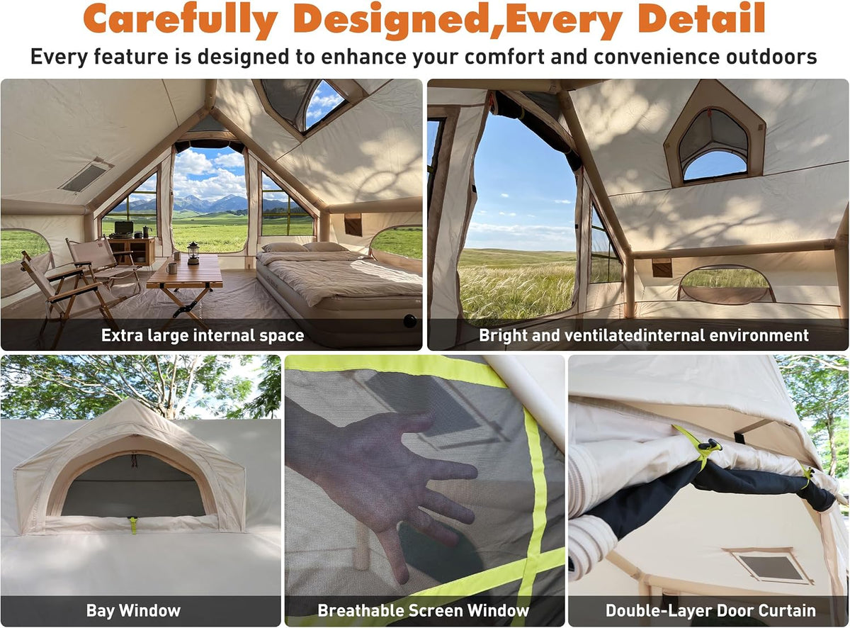 Inflatable Camping Tent for 4/6/8/10 Person, 4 Season Waterproof Blow Up Tent with Stove Jack & Skylight, Easy Setup Air Tent for Glamping & Family Camping