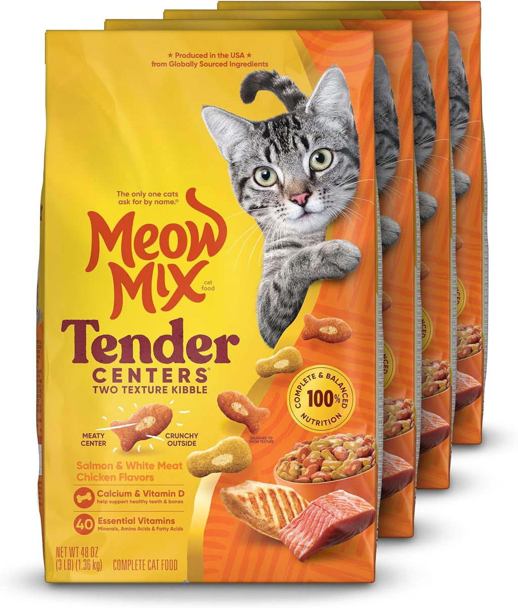 Meow Mix Tender Centers, Salmon & White Meat Chicken Flavors, 4 Bags
