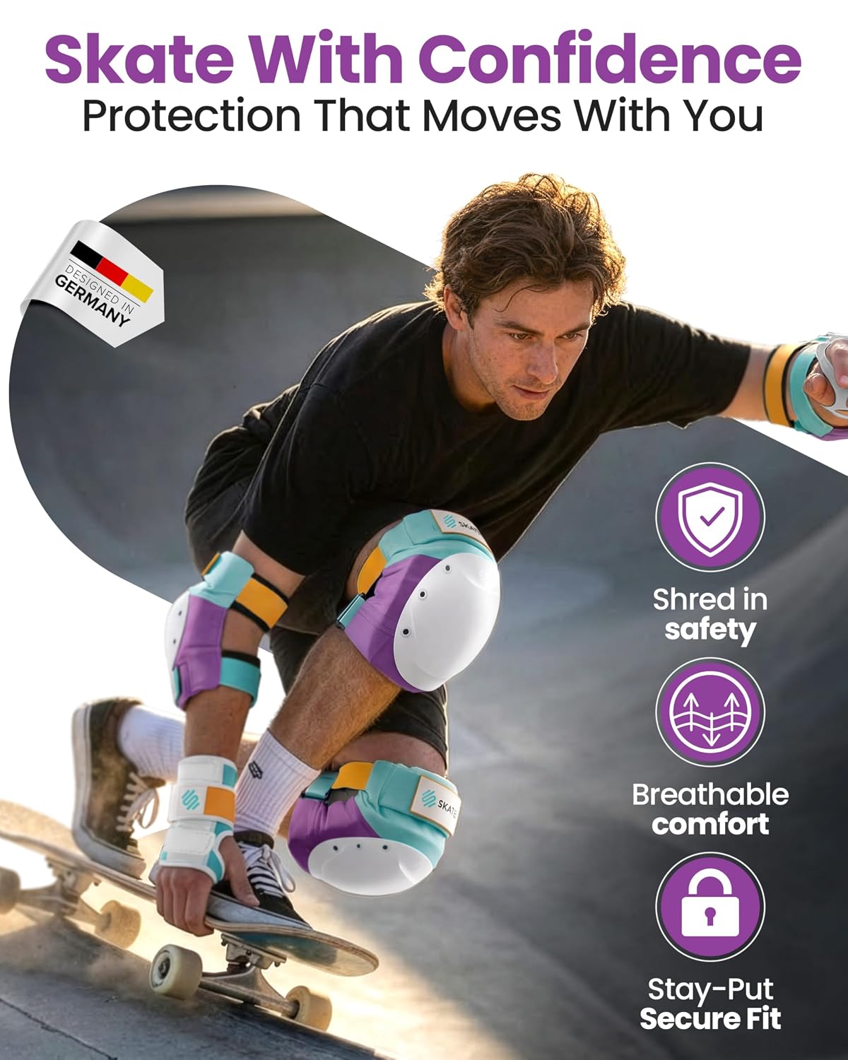 SKATEWIZ Adult Knee Pads, Skate & Skateboarding Wrist Guards for Skating Adult with Elbow Pads - Skateboard Protective Gear - Shield - Size M Lavender Blue - Roller Skates, Inline Skates