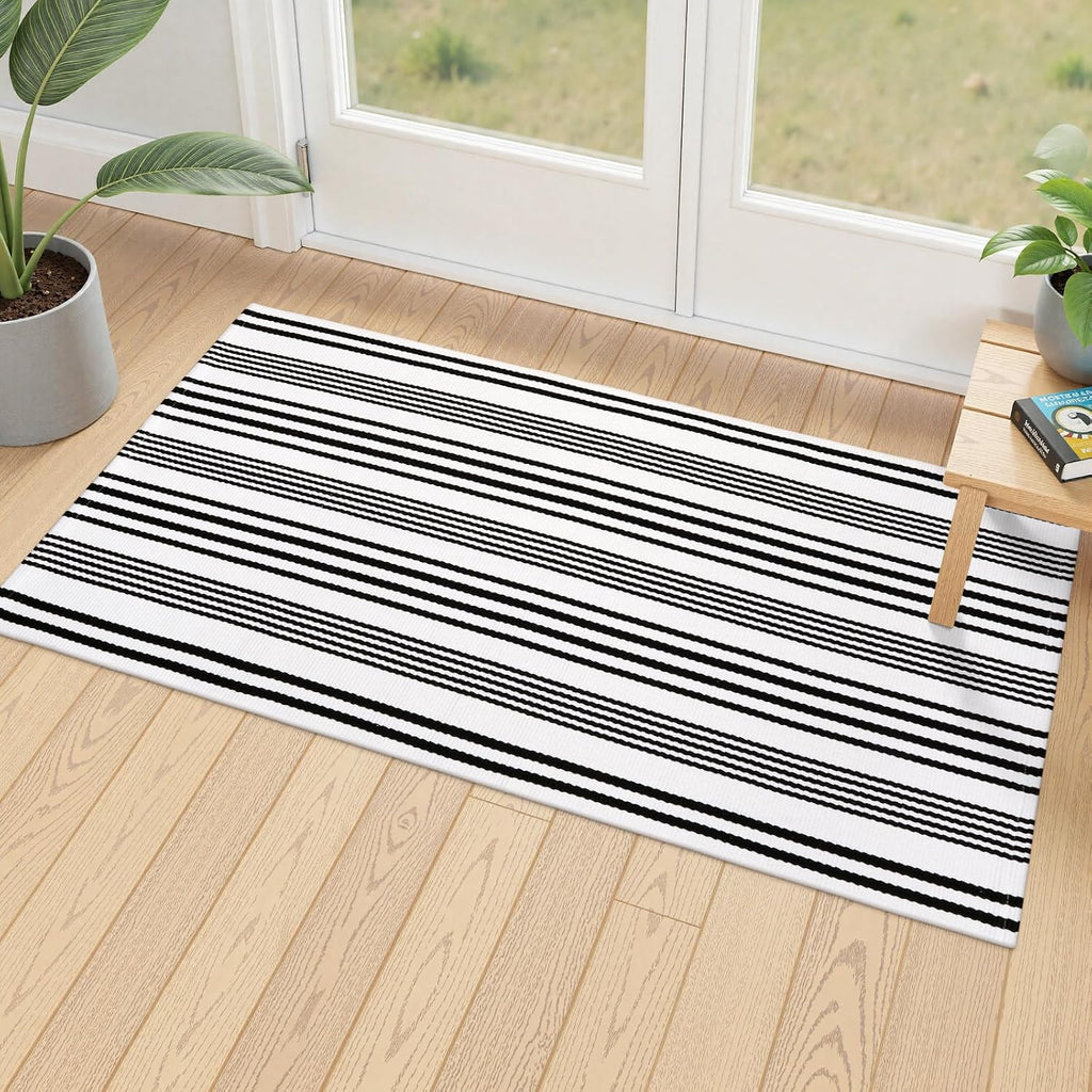 Fall Front Door Mat 2'x4.3', Cotton Washable Striped Outdoor Rug