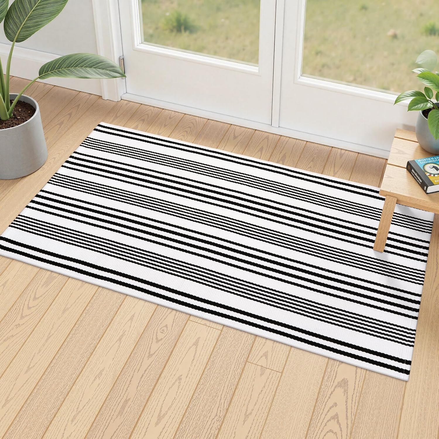 Fall Front Door Mat 2'x4.3', Cotton Washable Striped Outdoor Rug
