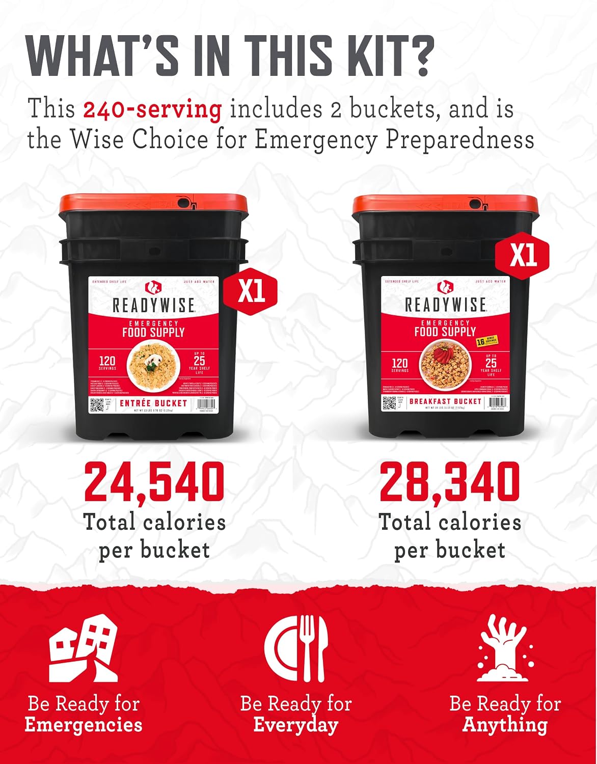 READYWISE Emergency Food Survival Supply 240 Servings, 2 Buckets
