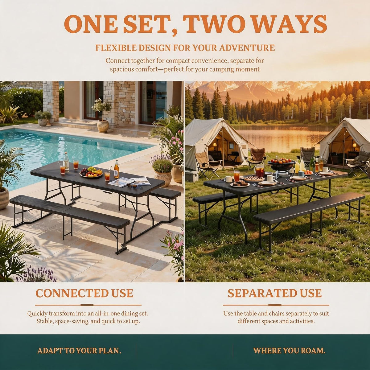DWVO 6ft Picnic Table Set, Outdoor Folding Picnic Tables with Benches