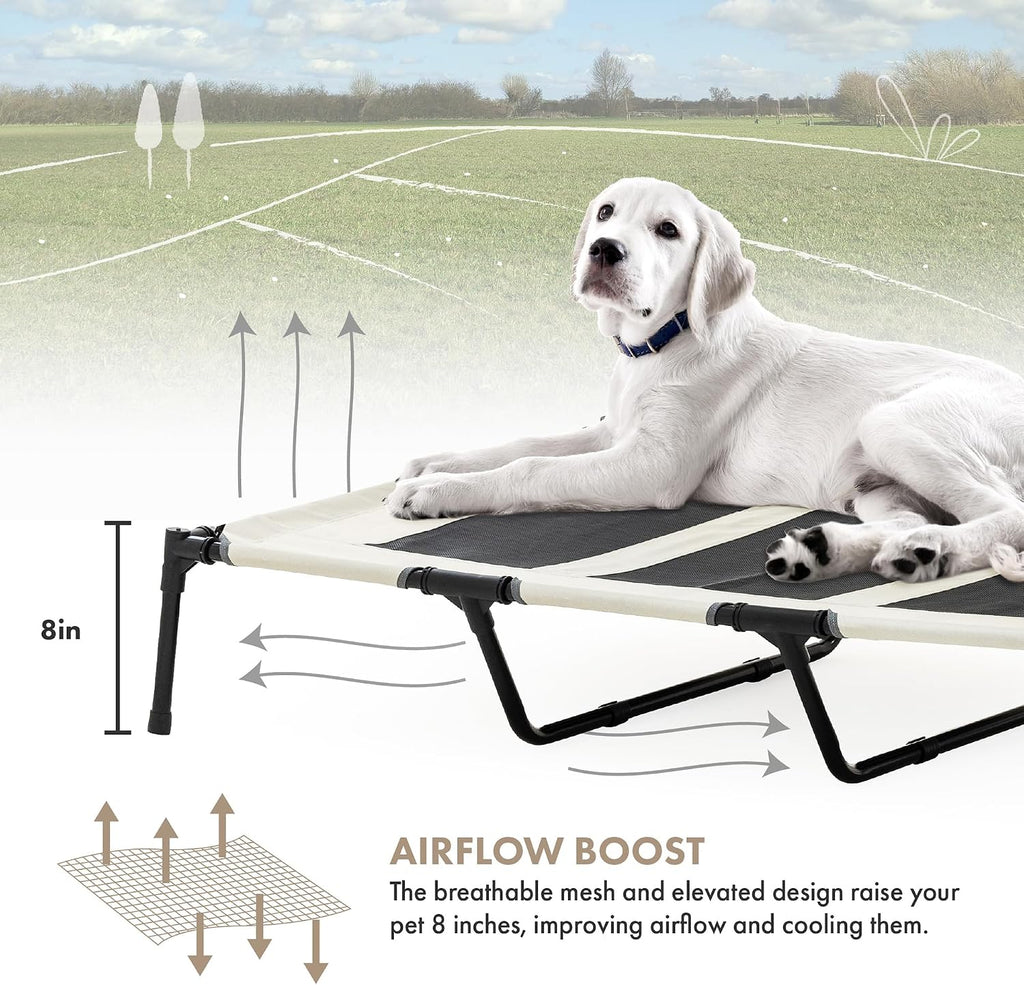 GRANDTIES Cooling Elevated Dog Bed with Canopy – XL Portable Pet Cot for Outdoor & Indoor Use – Waterproof Removable Shade, Breathable Mesh, Slip-Resistant Feet, Easy Assembly – Ivory White