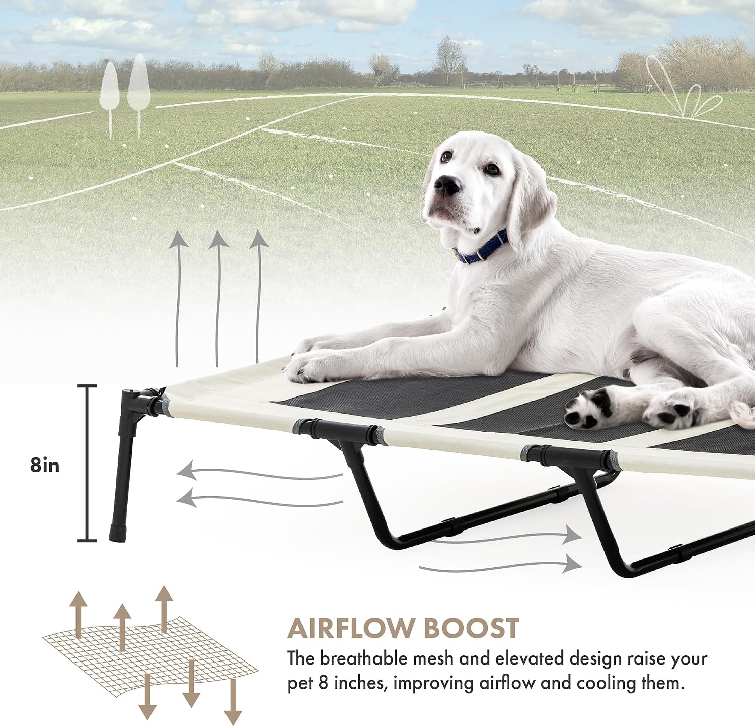GRANDTIES Cooling Elevated Dog Bed with Canopy – XL Portable Pet Cot for Outdoor & Indoor Use – Waterproof Removable Shade, Breathable Mesh, Slip-Resistant Feet, Easy Assembly – Ivory White
