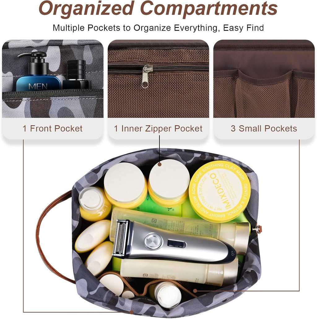 Travel Toiletry Bag for Men, Hanging Toiletry Organizer, Water Resistant Shaving Kit with Large Capacity for Travel Accessories (Camo-Gey, Medium)