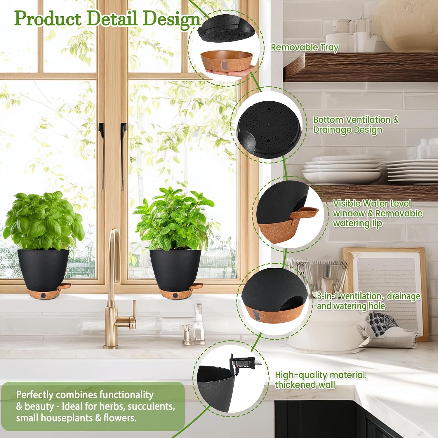 6" Self Watering Pots for Indoor Plants(5-Pack), Small Plastic Planters