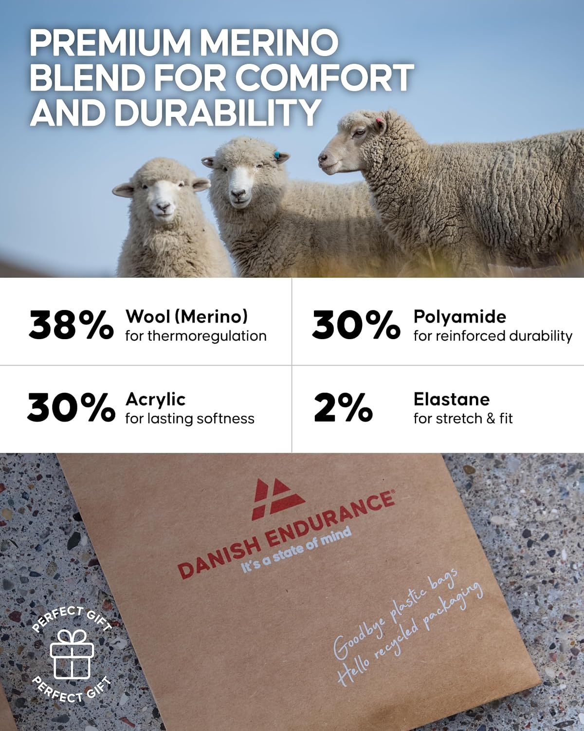 DANISH ENDURANCE Merino Wool Hiking Socks, Lightweight, 3 & 5-Pack