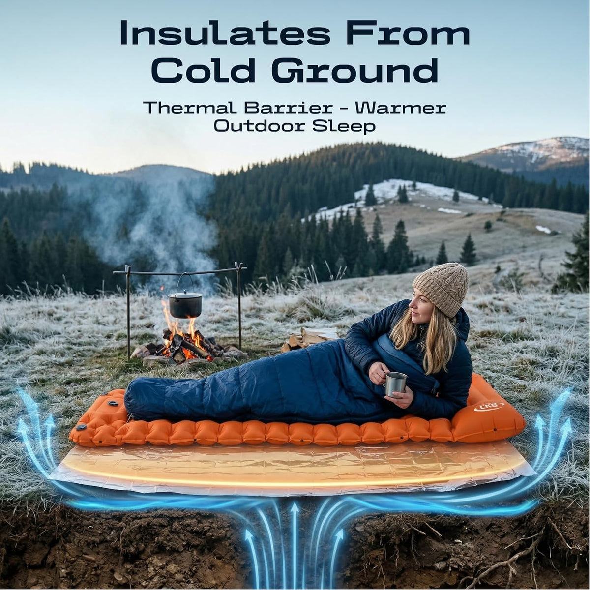 CKG Camping Sleeping Pad with Thermal Barrier, Ultralight Camping Mat 4in Thick with Pillow, Built-in Foot Pump Self Inflating Sleeping Pad for Hiking Tent Road Trip Car Camp Travel Gear, Orange