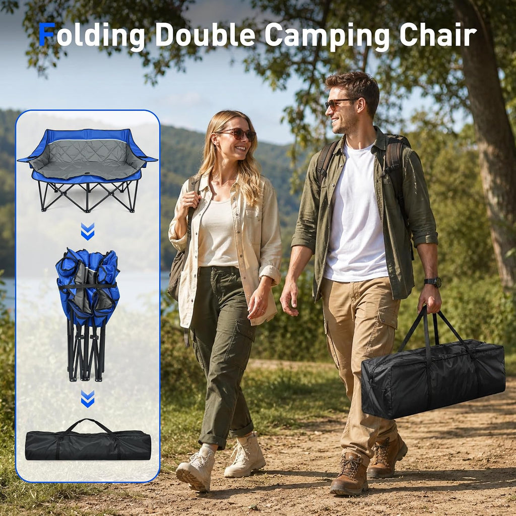Double Camping Chair, Heavy Duty Folding Loveseat Camping Chairs, Blue