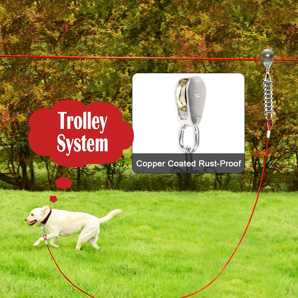 Dog Runner for Yard, Trolley System, 100FT+15FT, Red
