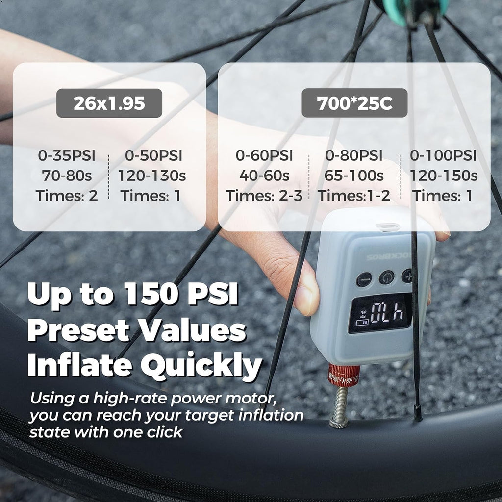 ROCKBROS Tiny Emergency Bike Pump HW-140 with Gauge, Max 150 PSI Electric Mini Pump with Protective Silicone Cover, Fully Charged Inflate 1x 700 * 25C Tire, Hose for Bike, MTB, Balls