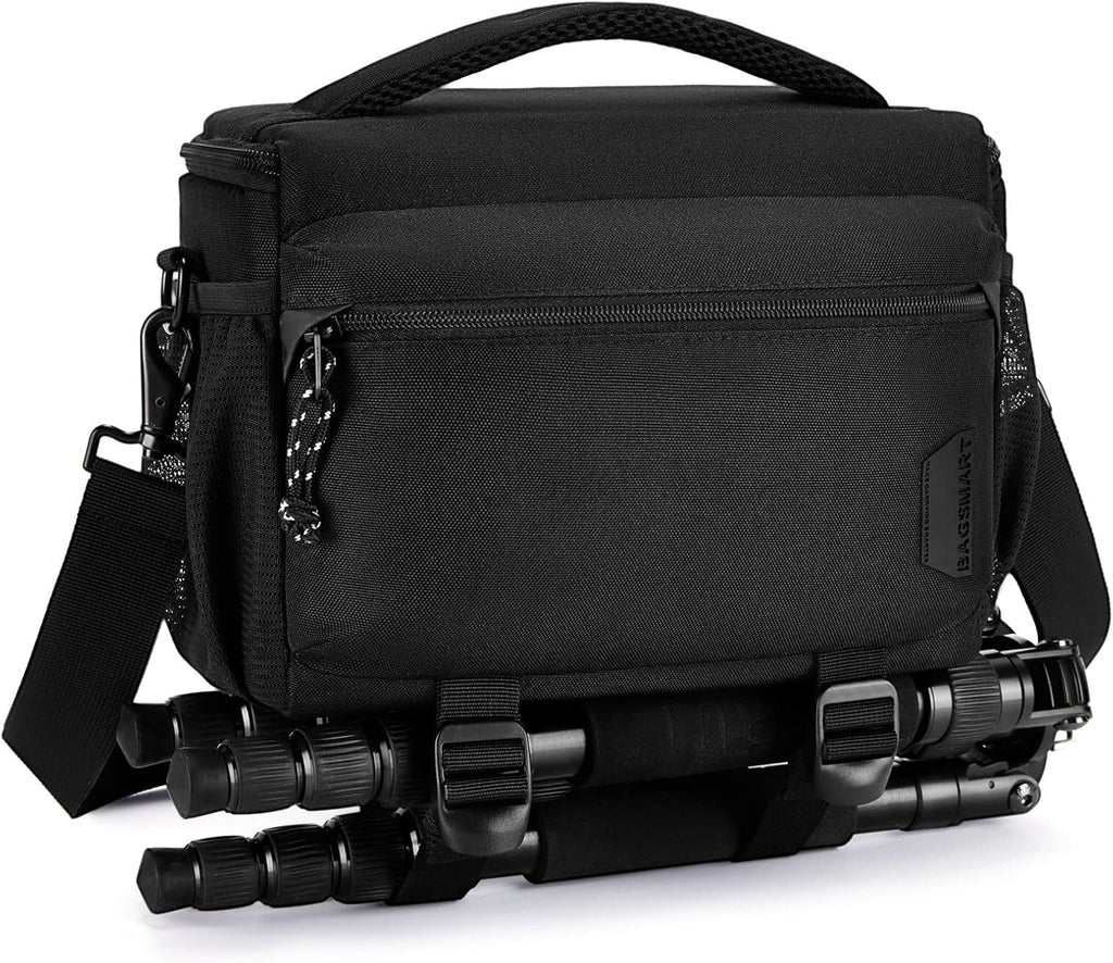 BAGSMART Camera Sling Bag with Tripod Holder & Rain Cover, Black