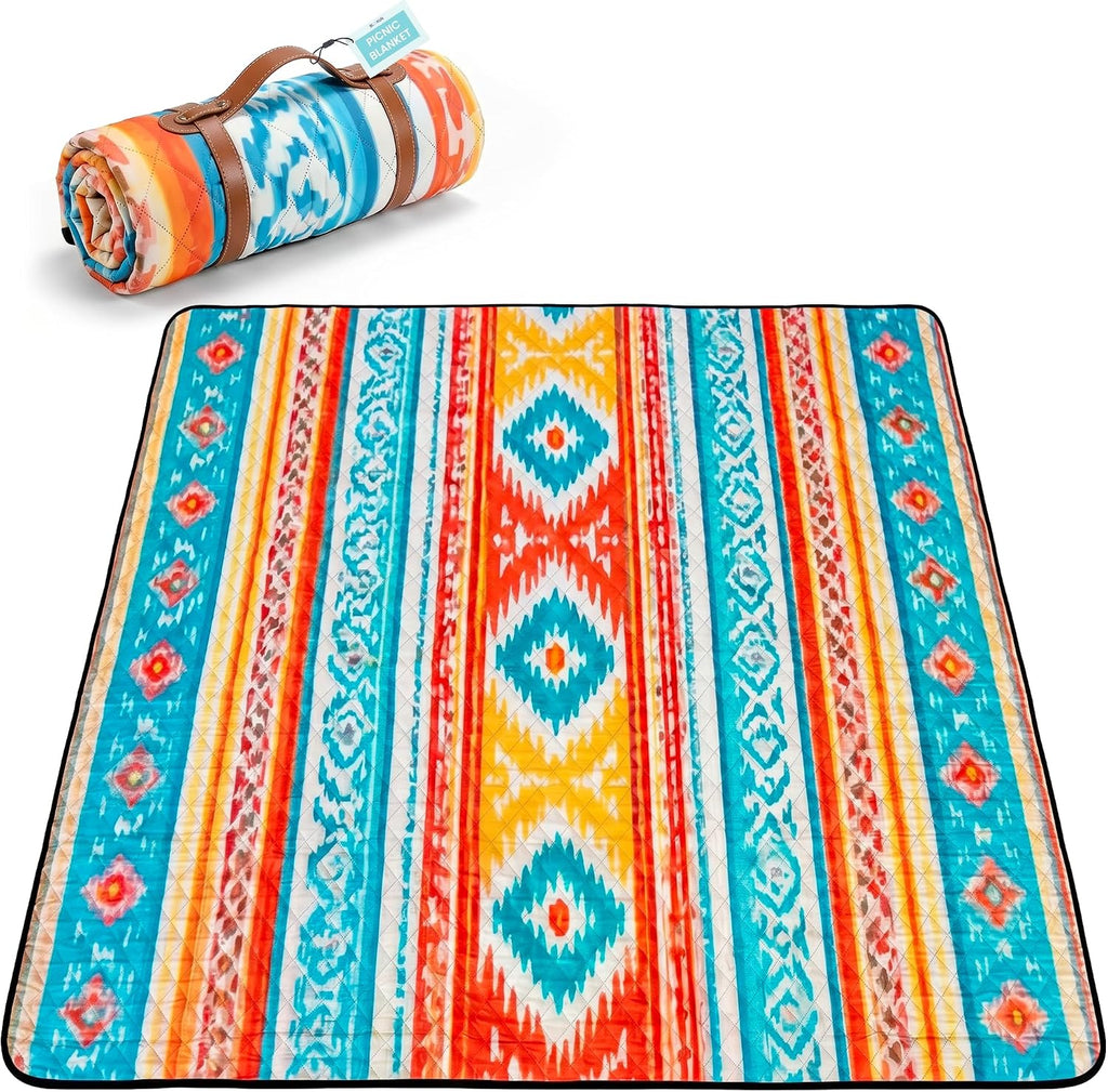 Picnic Blanket Waterproof 80”x80” Extra Large Beach Blanket for 6-8 People, Foldable Outdoor Blanket with Boho Southwestern Design for Camping, Travel, Park & Lawn