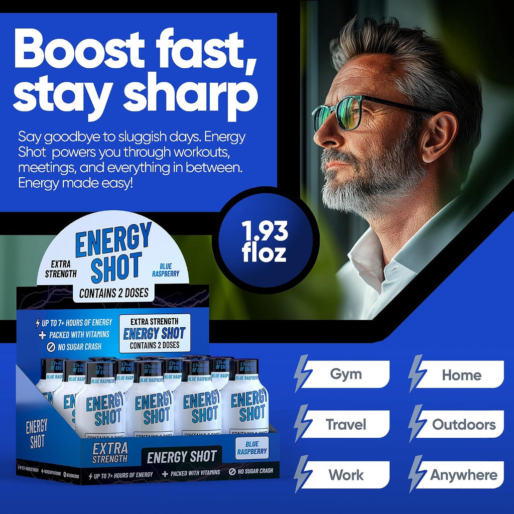 Blue Raspberry Extra Strength Energy Shot 24 pk – 260mg Natural Caffeine B12 B6 – Energy & Focus Support – 2 Servings Sugar Free Zero Calorie Green Tea B-Vitamins Electrolytes Vegan – 1.93 fl oz