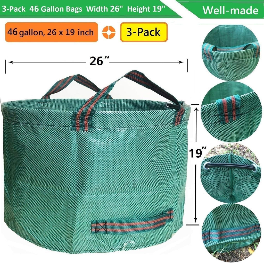 Standard 3-Pack 46 Gallon Lawn Garden Bags Big (D26,H19 in) Yard Waste Bags with Gardening Gloves for Leaf Bag,Yard Debris,Camping Waste,Garden Trash Container,Lawn Grass Clippings,Weeds Bag 4 Handles