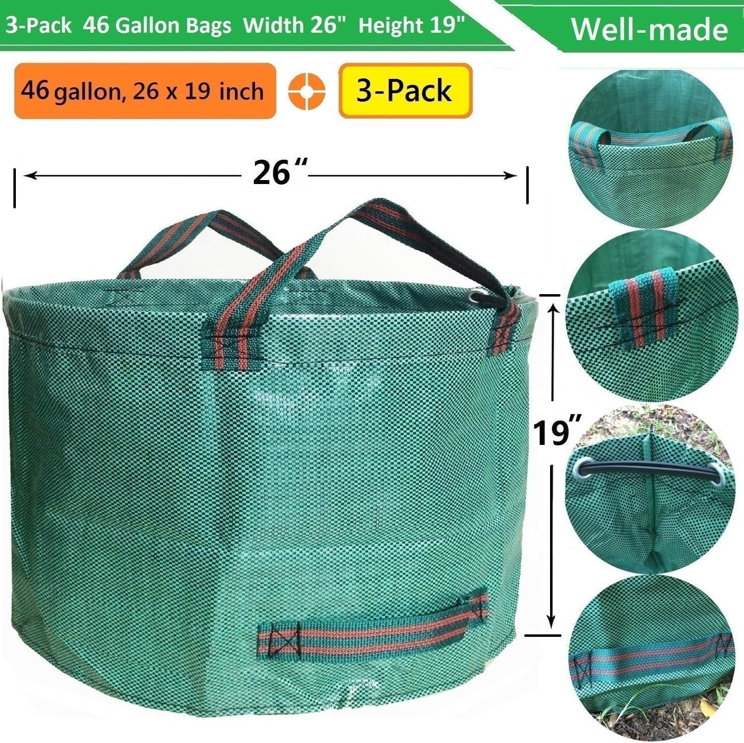Standard 3-Pack 46 Gallon Lawn Garden Bags Big (D26,H19 in) Yard Waste Bags with Gardening Gloves for Leaf Bag,Yard Debris,Camping Waste,Garden Trash Container,Lawn Grass Clippings,Weeds Bag 4 Handles