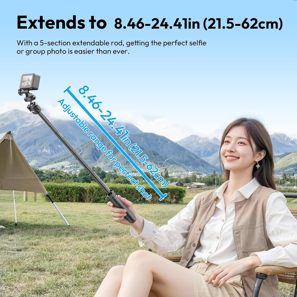 ULANZI MT90 2-in-1 Selfie Stick Tripod with CKA Quick Release, 5-Section Adjustable Aluminum Stand, 360° Ball Head & Cold Shoe for GoPro Hero/DJI Osmo Action/Insta360, Compact Cameras