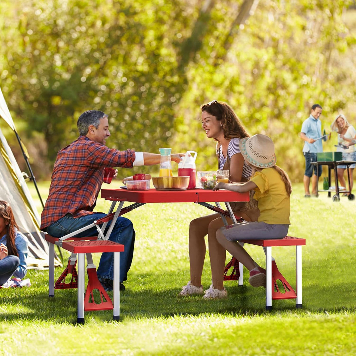 VINGLI 4 Ft Portable Folding Picnic Table Camping Table Foldable Set with 4 Seats with Umbrella Hole Suitcase Card Table-220 Lbs Support Aluminum Frame, Plastic RV Tabletop for Yard, Travel