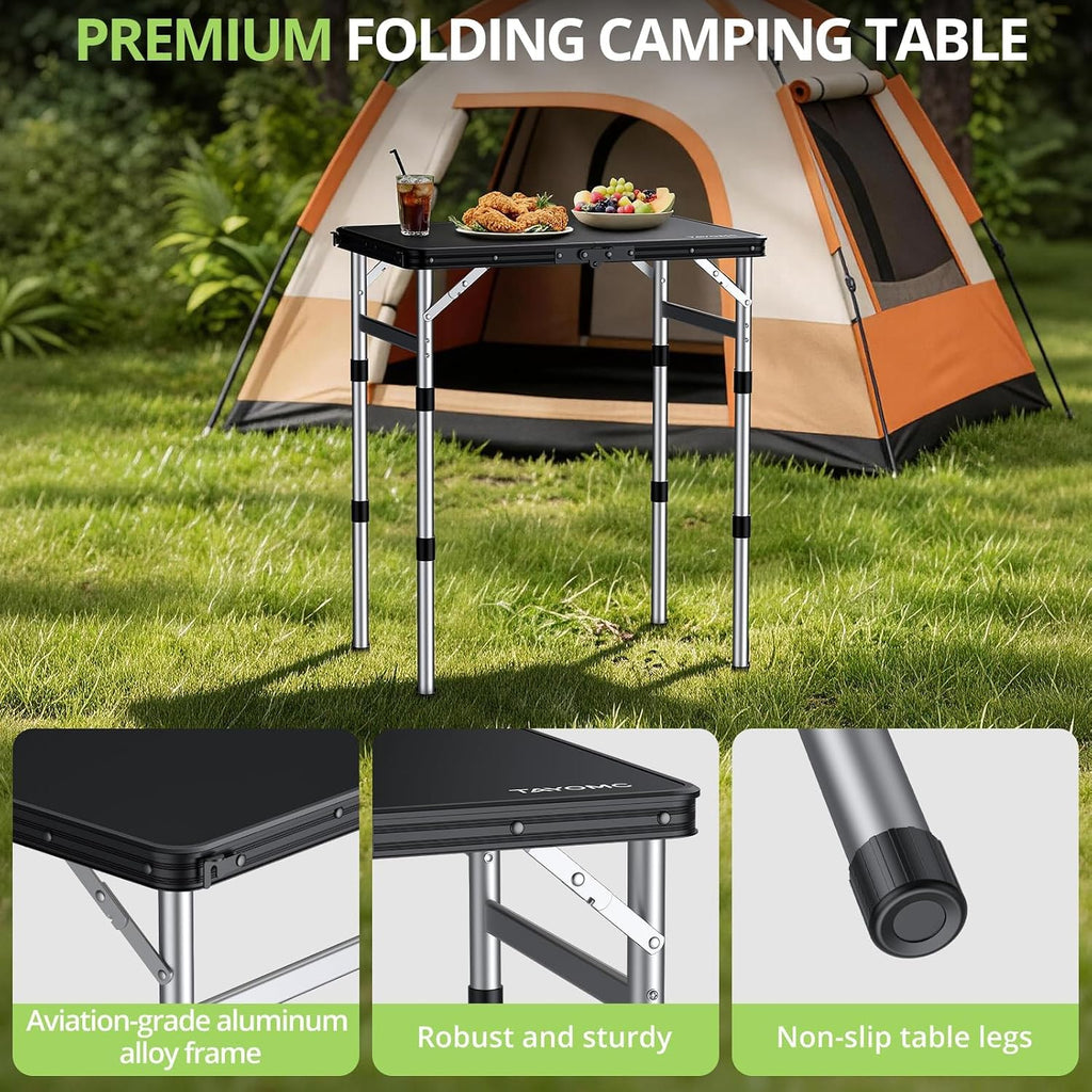 2ft Plastic Folding Table, 3 Adjustable Height Waterproof Small Folding Camping Table Lightweight & Portable with Carry Handle, for Indoor Outdoor RV Travel Picnic Beach, 22.8" X 15.7", Black