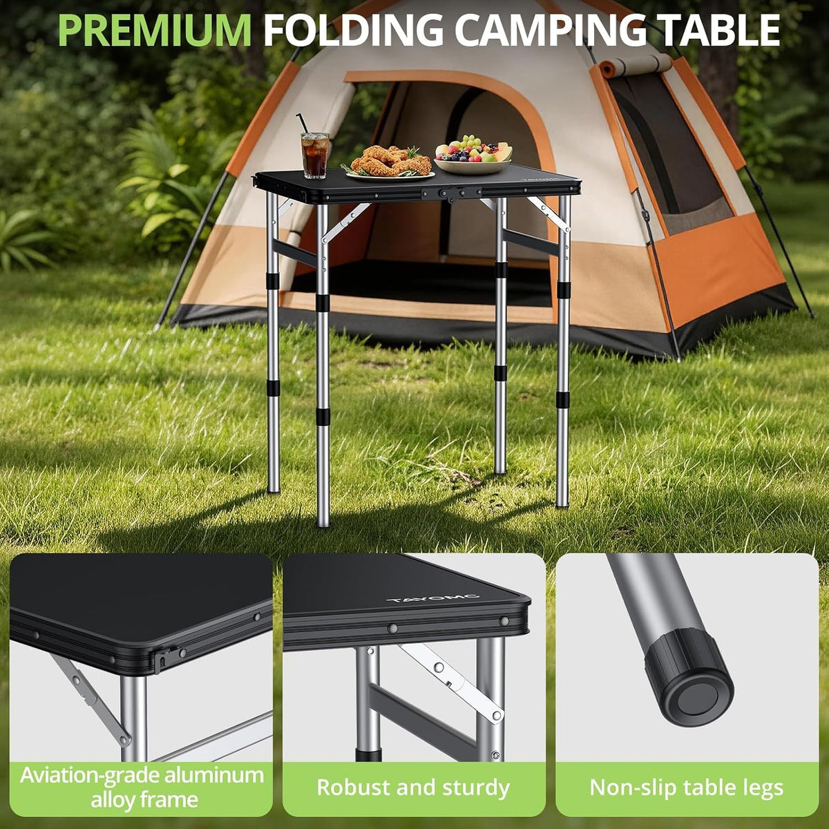2ft Plastic Folding Table, 3 Adjustable Height Waterproof Small Folding Camping Table Lightweight & Portable with Carry Handle, for Indoor Outdoor RV Travel Picnic Beach, 22.8" X 15.7", Black