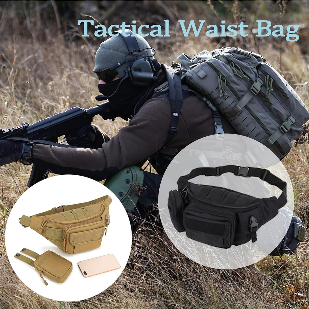 Tactical Fanny Packs, Military Waist Bag Utility Hip Belt Bags for Hiking Climbing Fishing Cycling Hunting with U.S Patch (Green+Black)