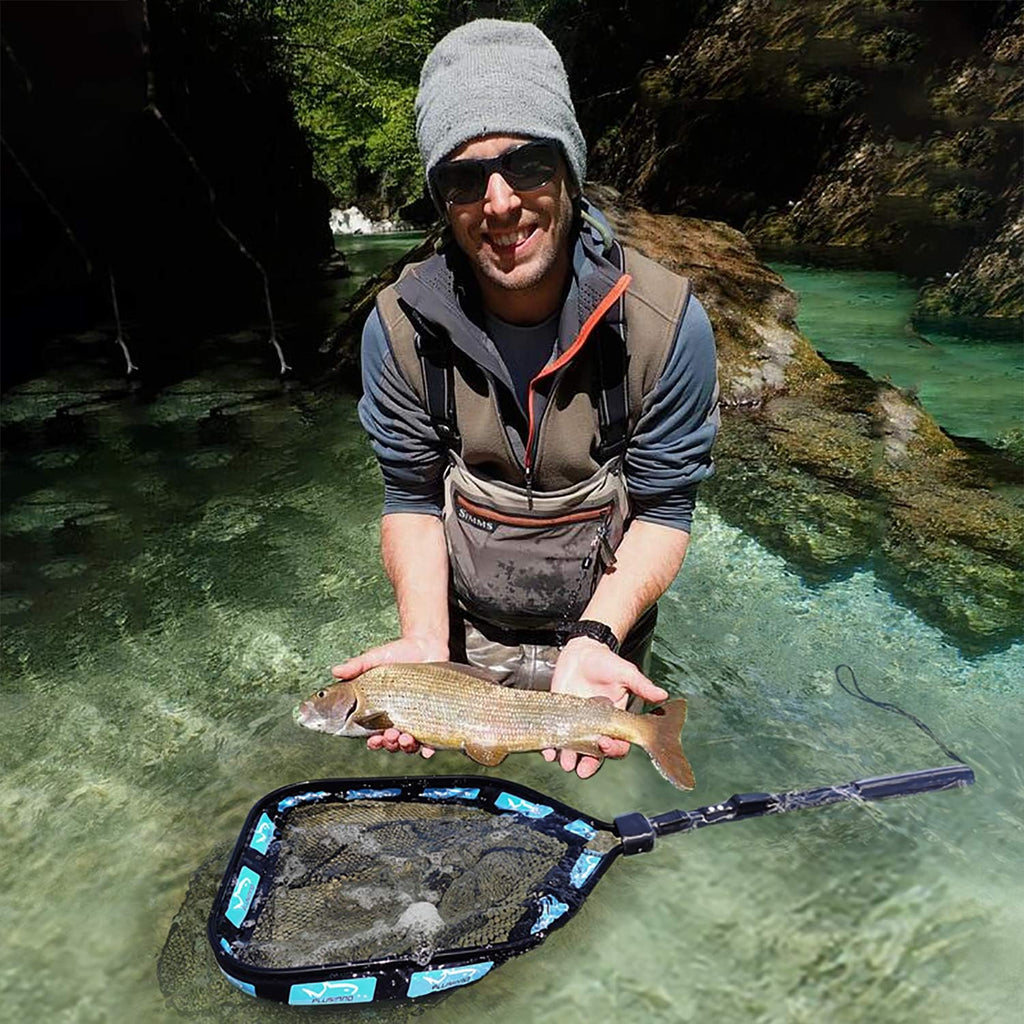 PLUSINNO Floating Fishing Net for Steelhead, Salmon, Fly, Kayak, Catfish, Bass, Trout Fishing, Rubber Coated Foldable Landing Net with Fixed or Telescoping Pole Handle, Fishing Gear and Gifts for Men
