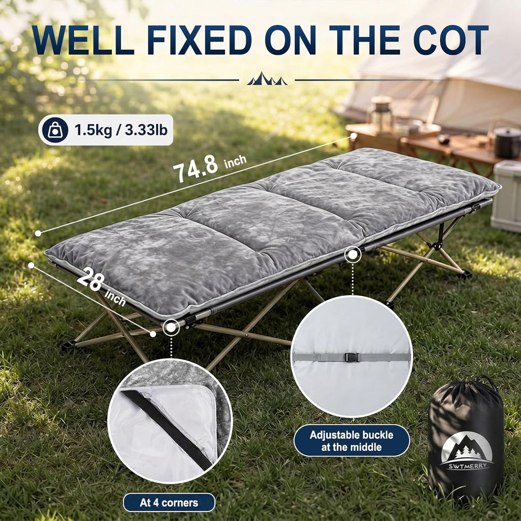 SWTMERRY Cot Mattress Topper - Quilted Cot Pads for Camping, Soft Comfortable Sleeping Cot Mattress Pad Only, Camping Pad 75"x28" for Camp Cot/Rv Bunk/Narrow Twin Bed