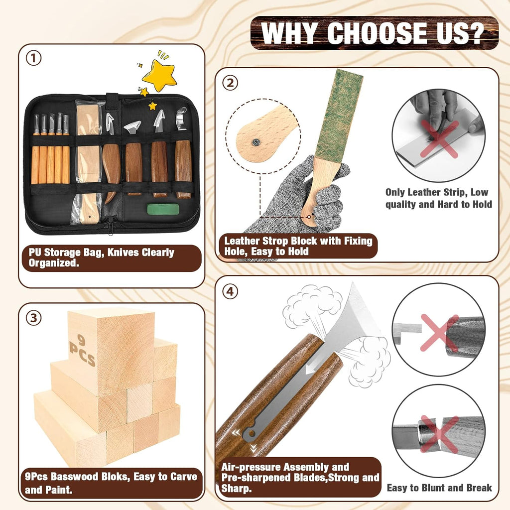 Wood Carving Kit, 23pcs Wood Carving Tools with 4 Wood Carving Knives 5 Detail Knives 9 Blocks, Whittling Kit DIY Hobbies for Adults