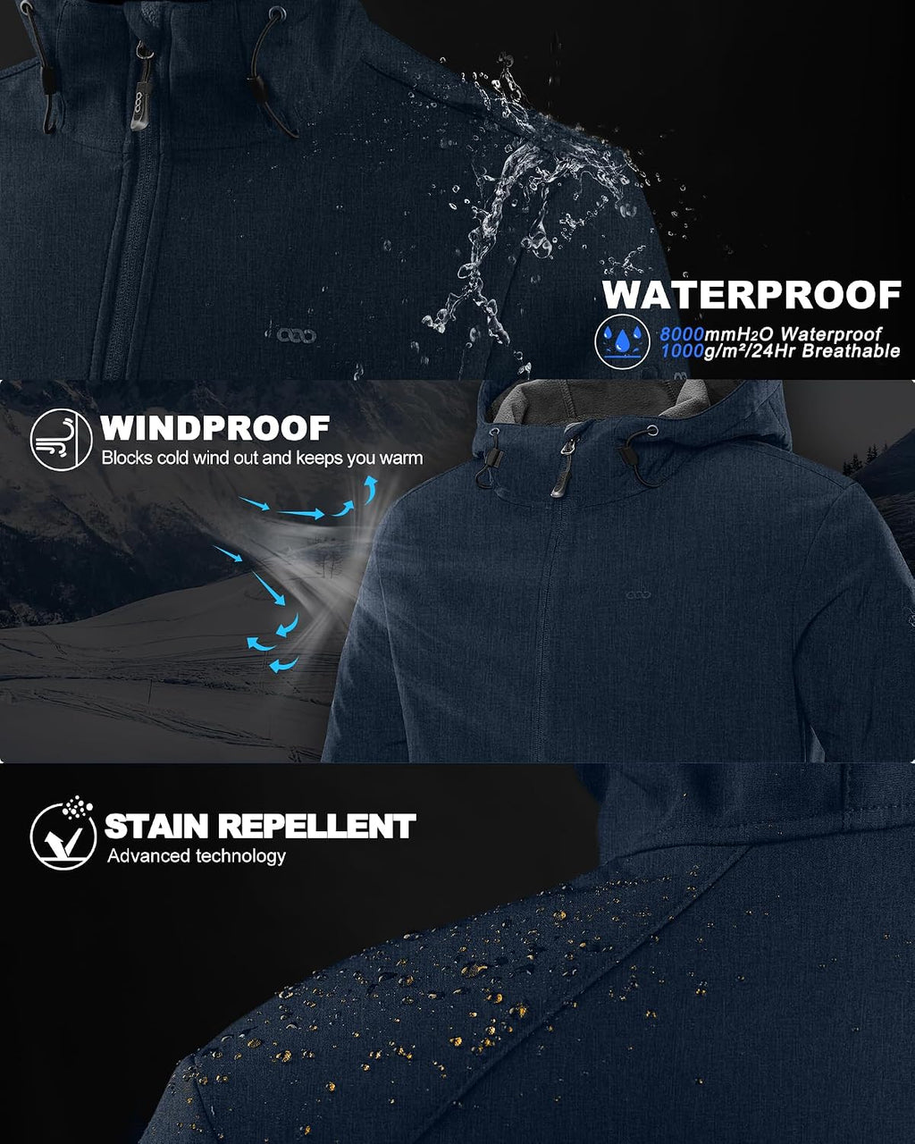 33,000ft Men's Hooded Fleece Lined Rain Shell Jacket Waterproof Lightweight