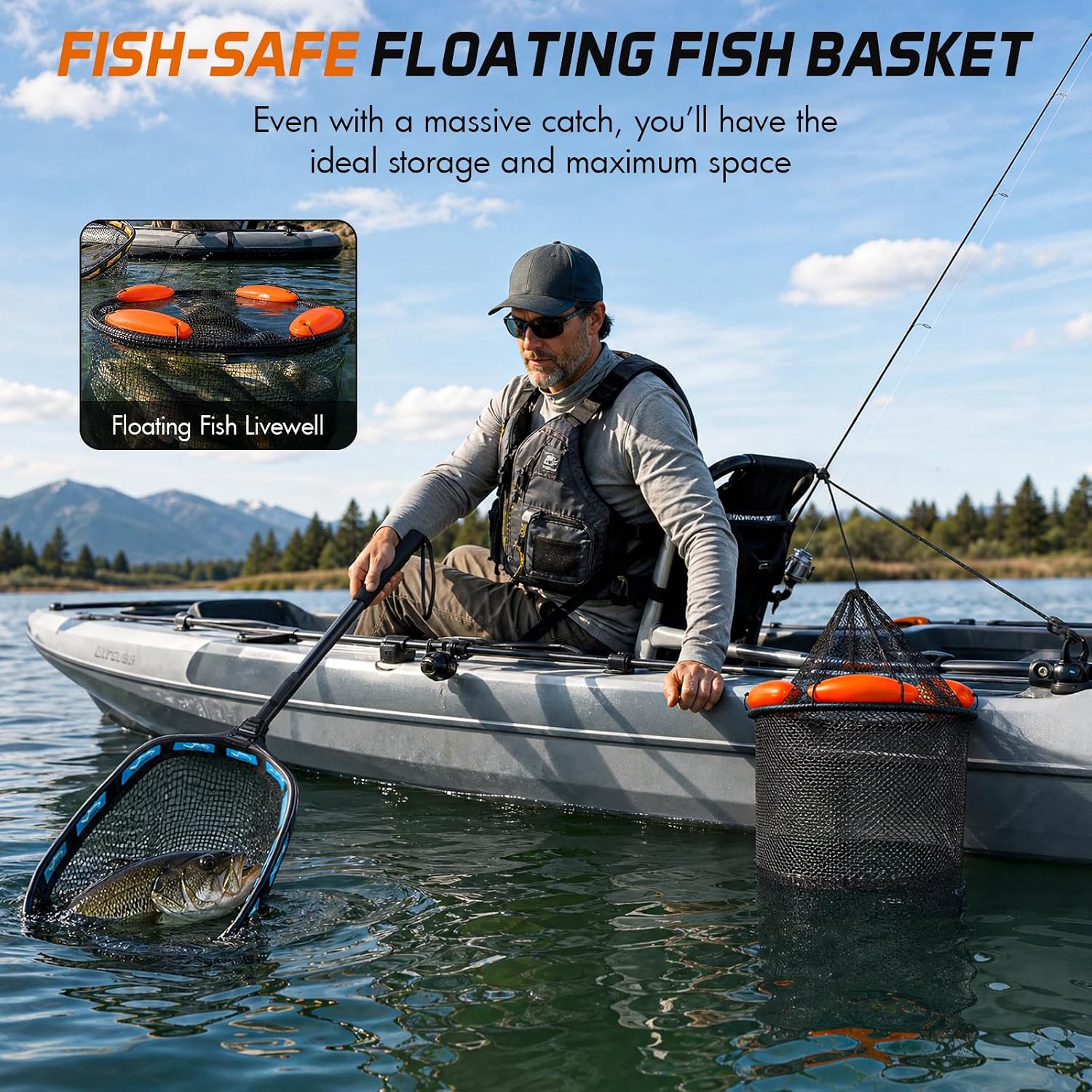 PLUSINNO Fishing Net with Floating Fish Basket, Kayak Fishing Accessories
