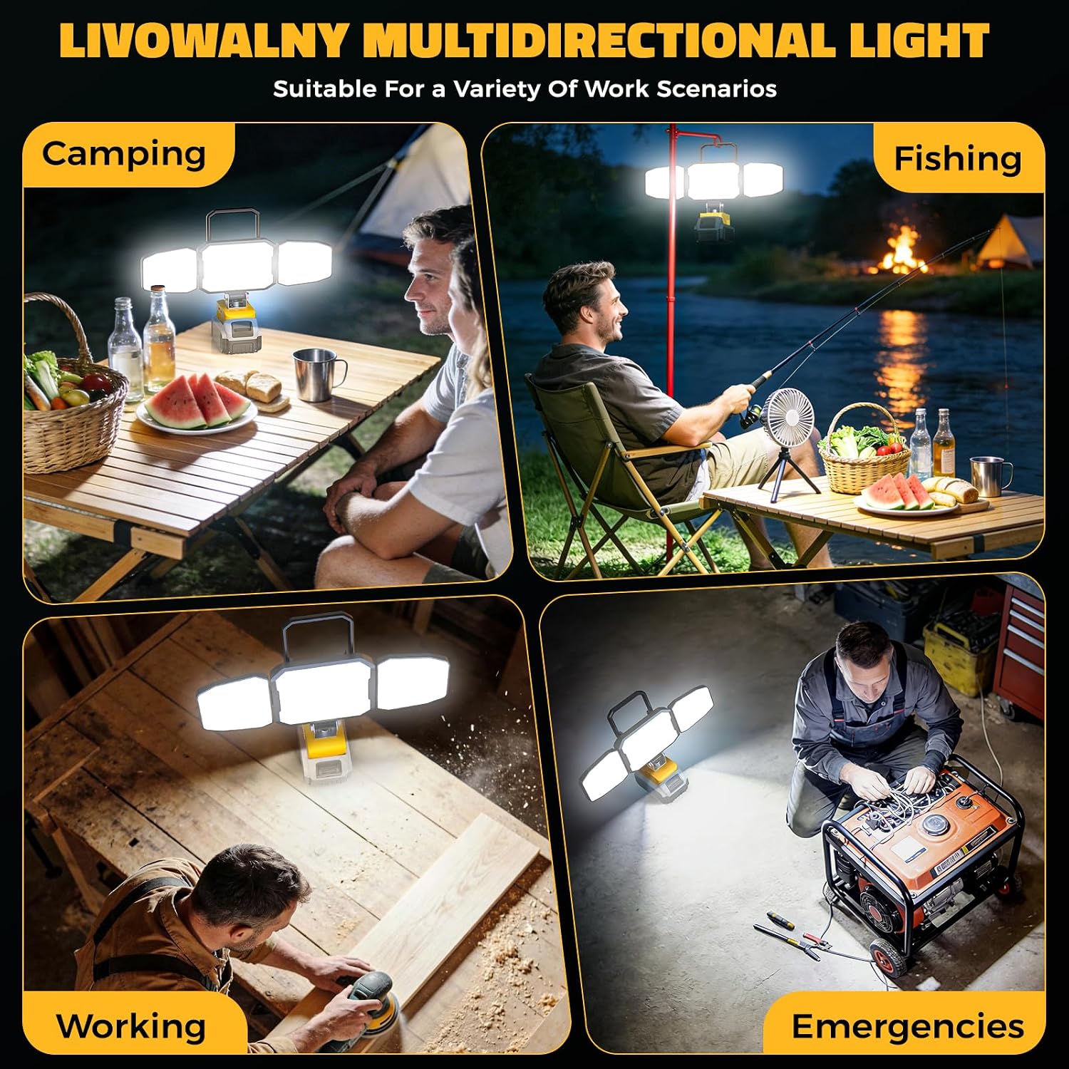 LED Work Light Compatible with DeWalt 20V Battery, 150W 15000LM Flood Light, 6500K Daylight 3-Head Adjustable, USB Type-C&2 Brightness Modes Portable Flashlight Job Site Light (Tool Only)