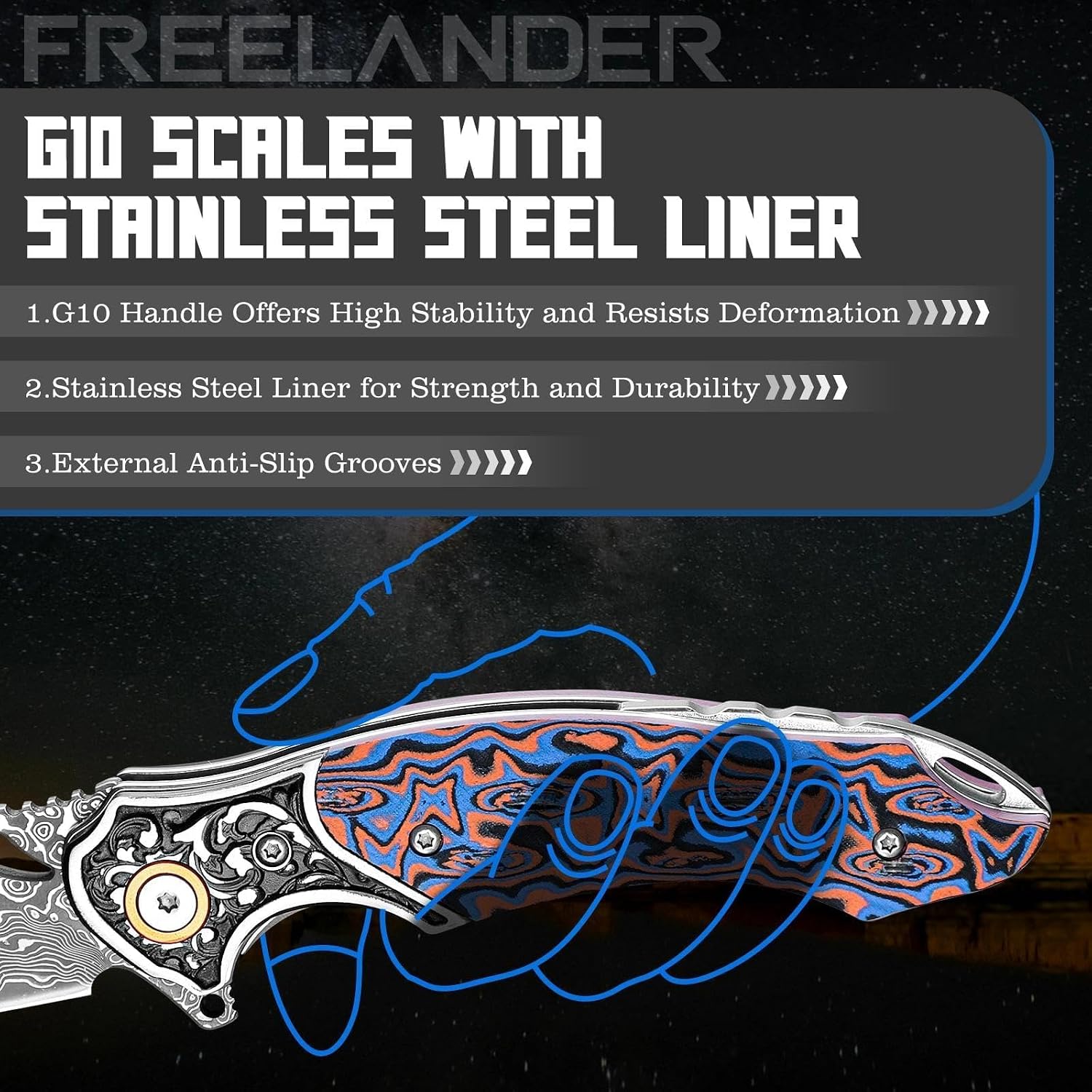 Freelander Damascus Folding Pocket Knife with G10 Handle - Gifts for Men