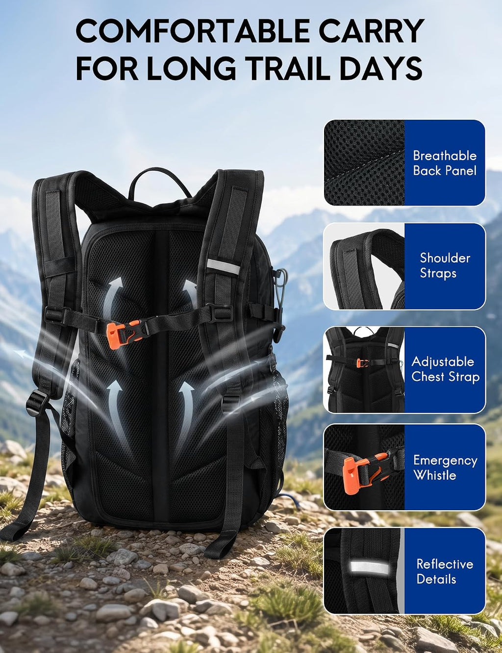 Haimont 25L Lightweight Hiking Daypack with Rain Cover, Black