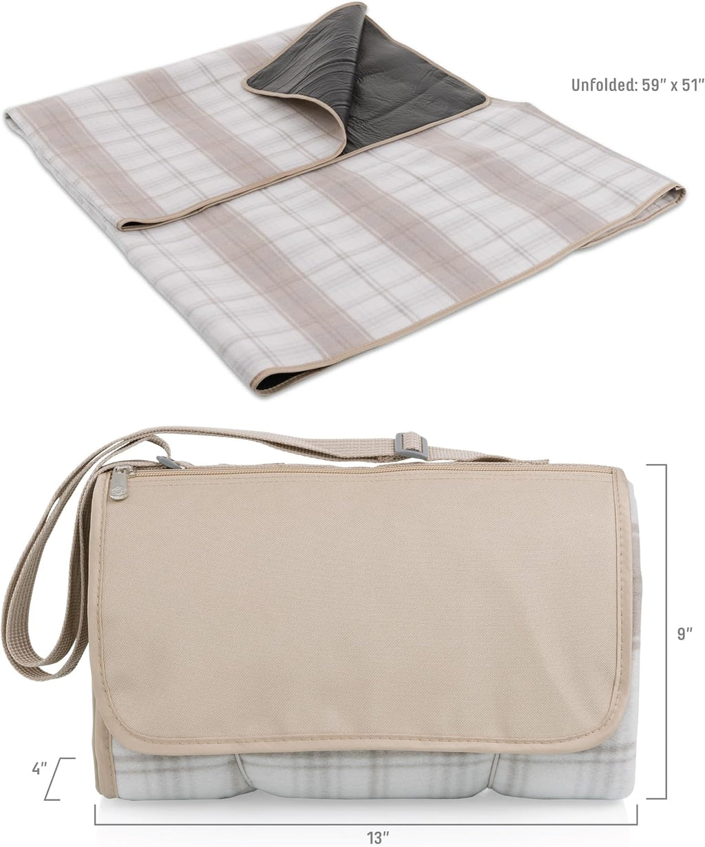 Picnic TIME Outdoor Picnic Blanket Tote, 59"x51" Foldable Beach & Camping Blanket with Soft Fleece, Water-Resistant Bottom, Adjustable Strap & Zippered Pocket (Neutral Plaid)