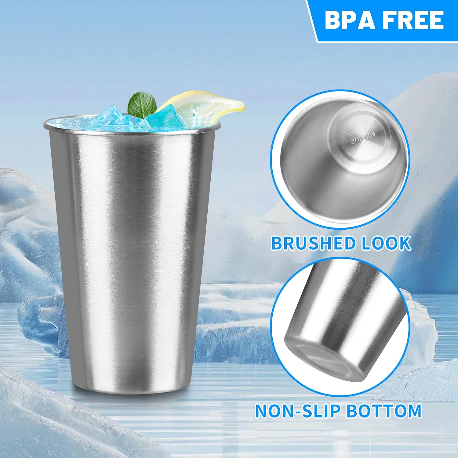 8Pack 16 oz Stainless Steel Pint Cups,Stainless Steel Cup,Pint Cup Tumbler，water Tumbler,Stackable,Reusable,BPA Free, (8)