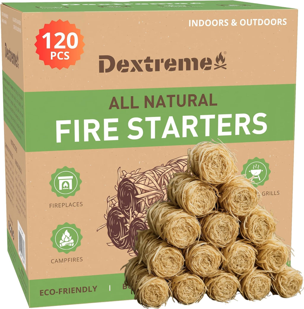 Dextreme Fire Starter (60 PCS) Natural Fire Starters for Campfire, Charcoal Starter, Fireplace, Wood Stove, BBQ, Chimney, Fire Pit, and Grill | All Weather, Odorless, Non-Toxic, w/10 Min Burning Time
