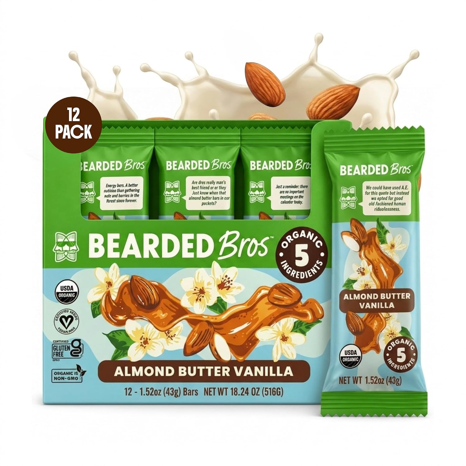 Bearded Brothers Vegan Organic Energy Bars, Almond Butter Vanilla, 12 Pack