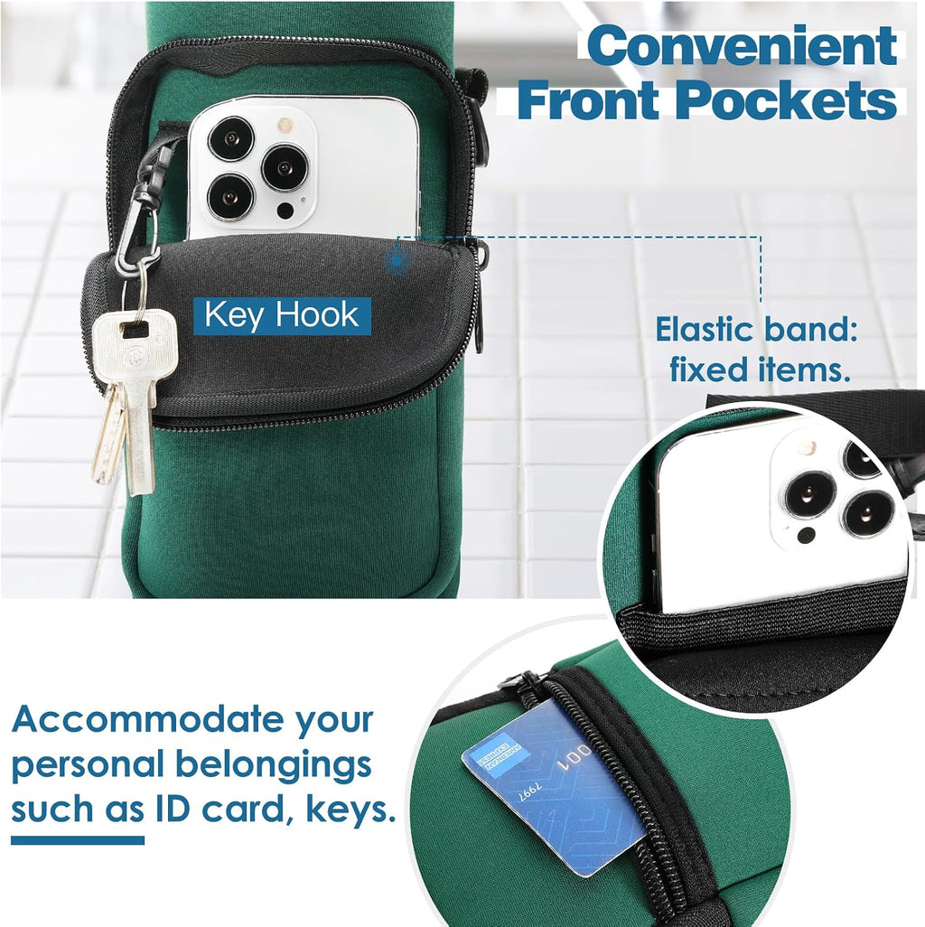 Nuovoware Water Bottle Carrier Bag, 40oz Bottle Pouch Holder, Adjustable Shoulder Hand Strap 2 Pocket Sling Neoprene Sleeve Sports Accessories for Hiking Travelling, Dark Green