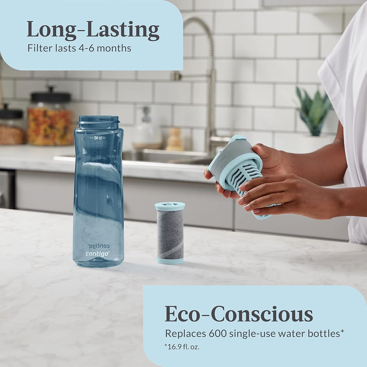 Contigo Clybourn Plastic FreeFlow Filter Water Bottle with AUTOSEAL spill-proof Lid 24oz., Dark Ice