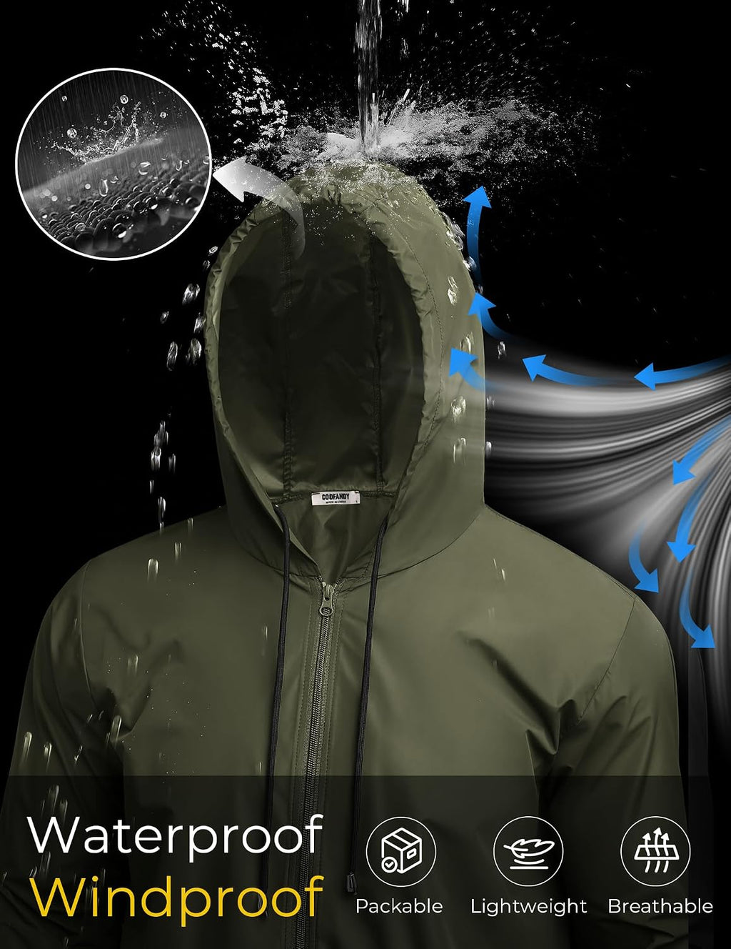 COOFANDY Mens Packable Rain Jacket Lightweight Waterproof Raincoat with Hood Outdoor Rain Gear Travel Hiking Cycling